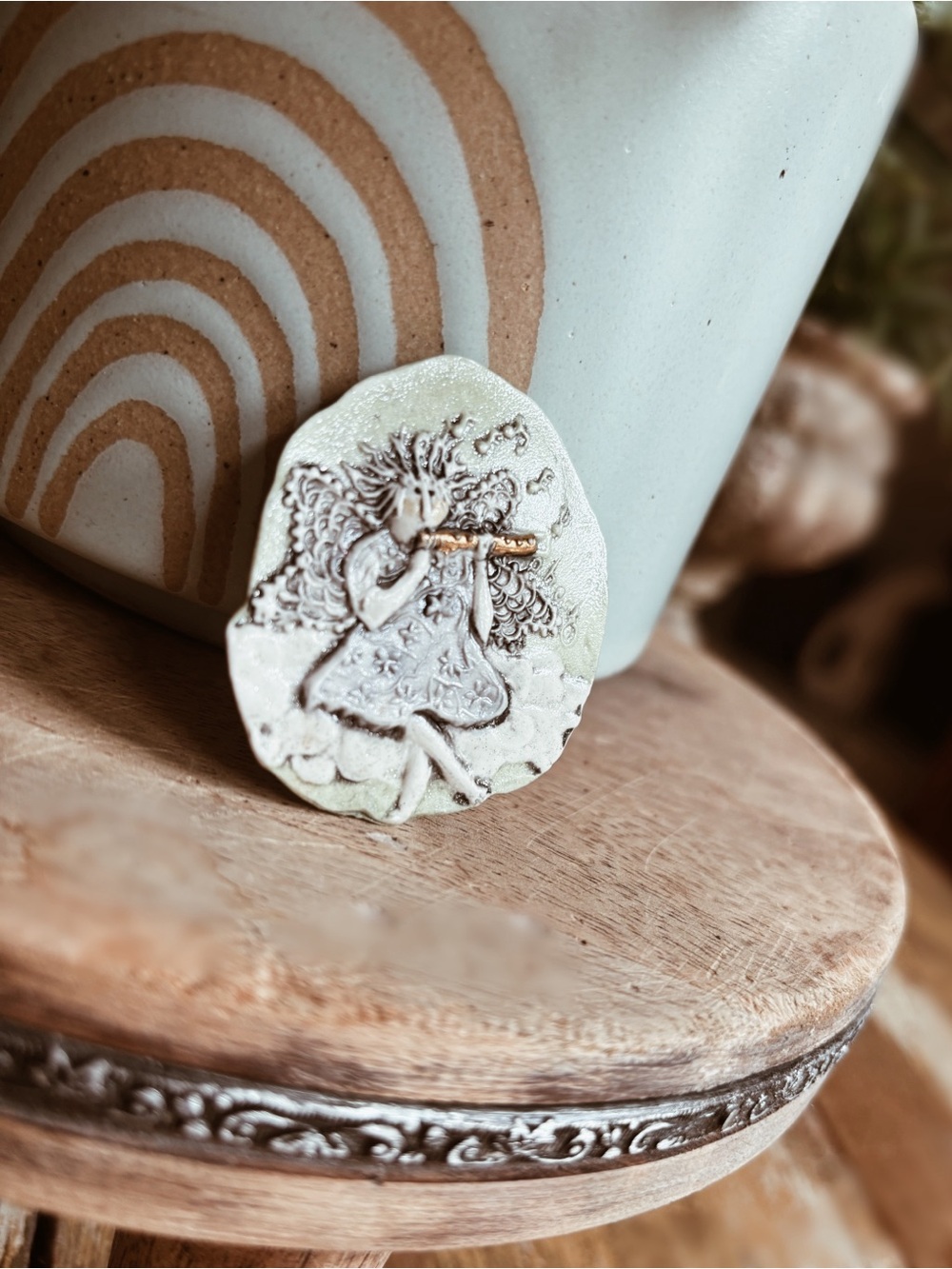 Vintage P. Heck Studio Artisan Ceramic Angel Fairy Playing Flute Brooch Pin